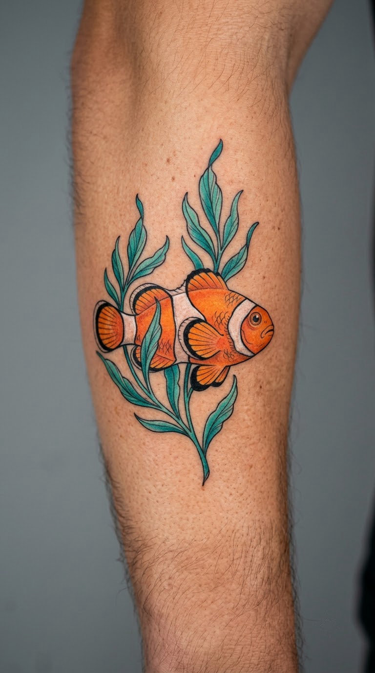 Clownfish Among Curving Seaweed