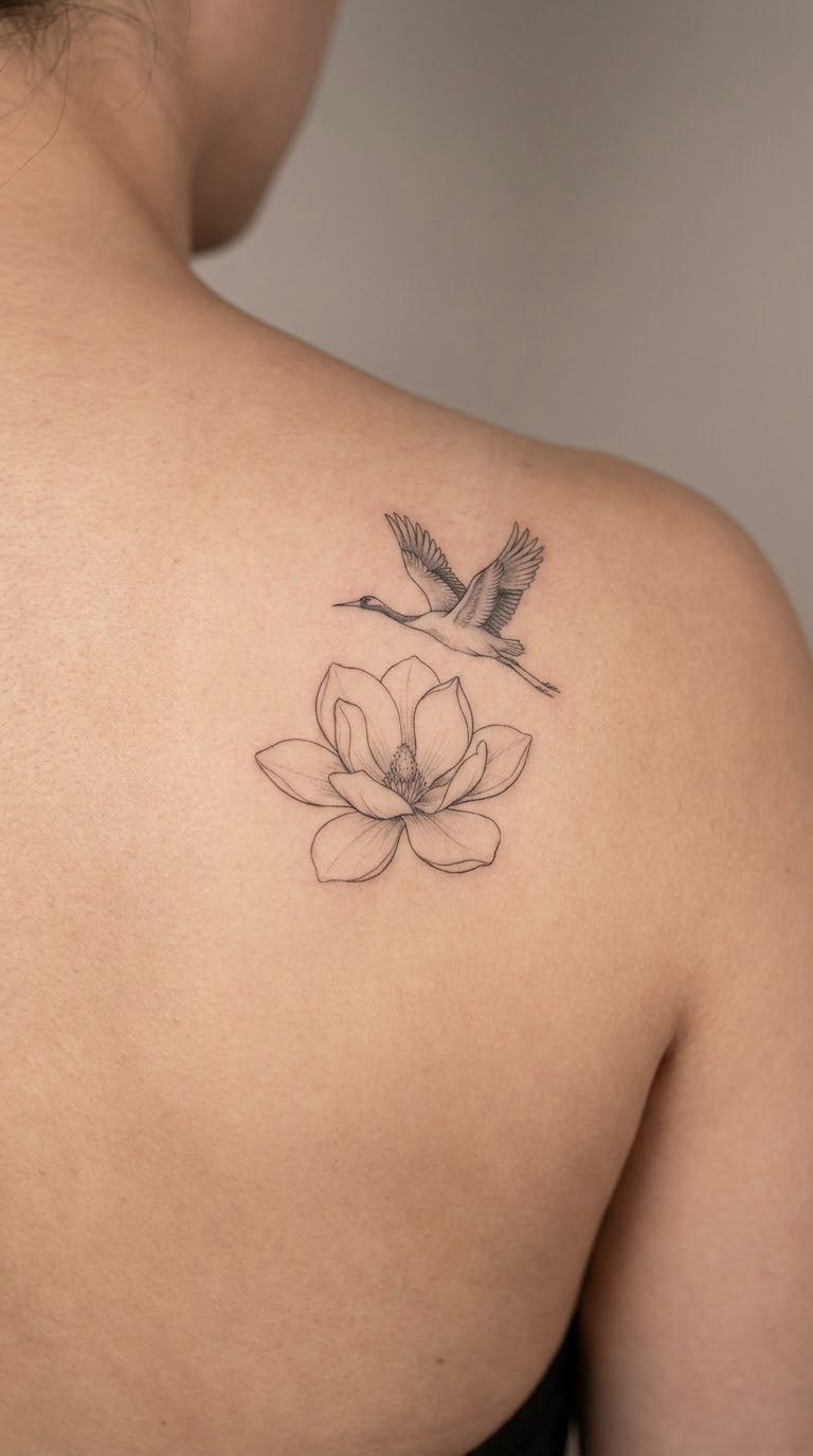 Magnolia Blossom and Flying Crane