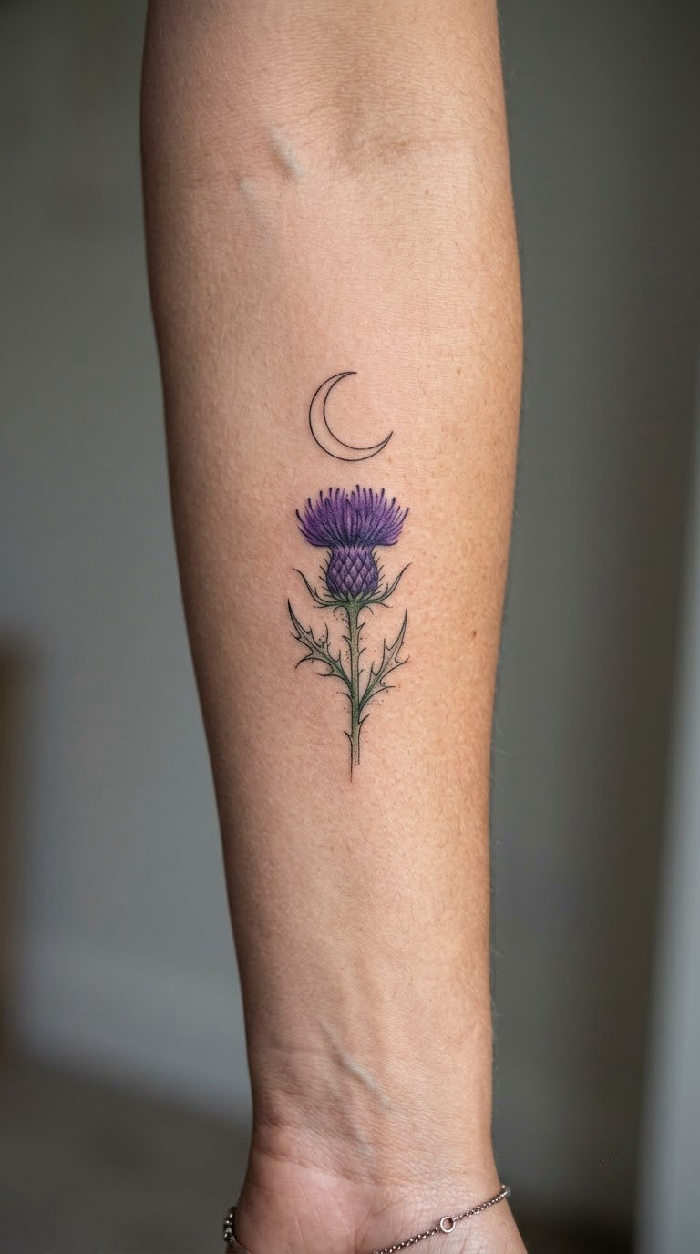 Scottish Thistle Under a Crescent Moon