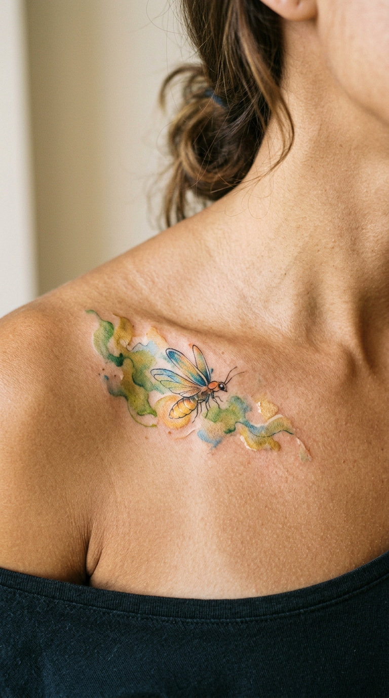 Watercolor Firefly on the Collarbone