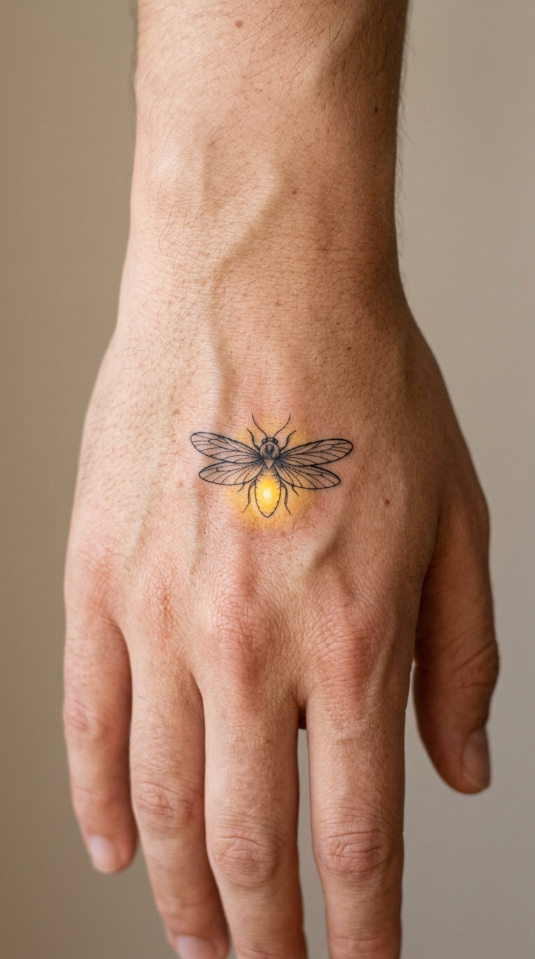 Glowing Firefly on the Hand