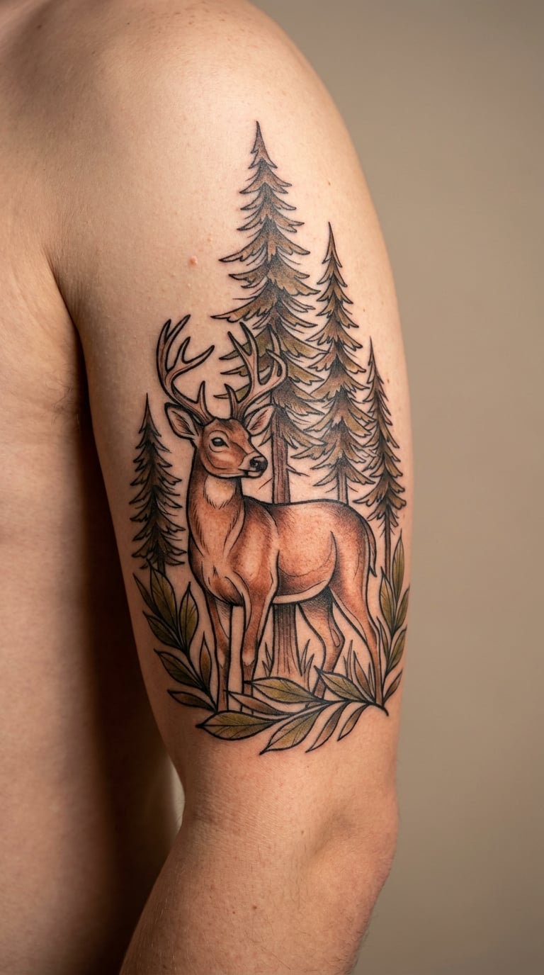 Neo-Traditional Deer Beneath Tall Trees