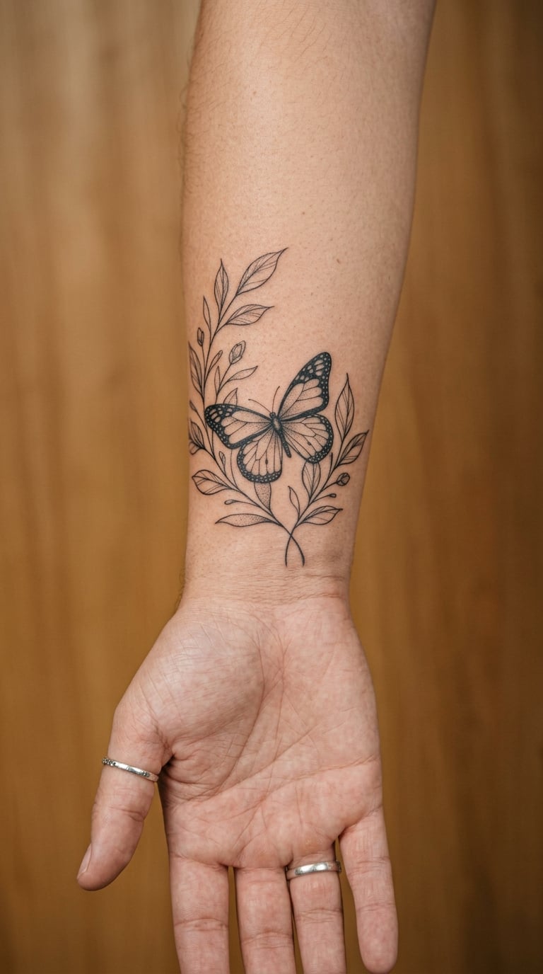 Fine-Line Butterfly Emerging From Leaves