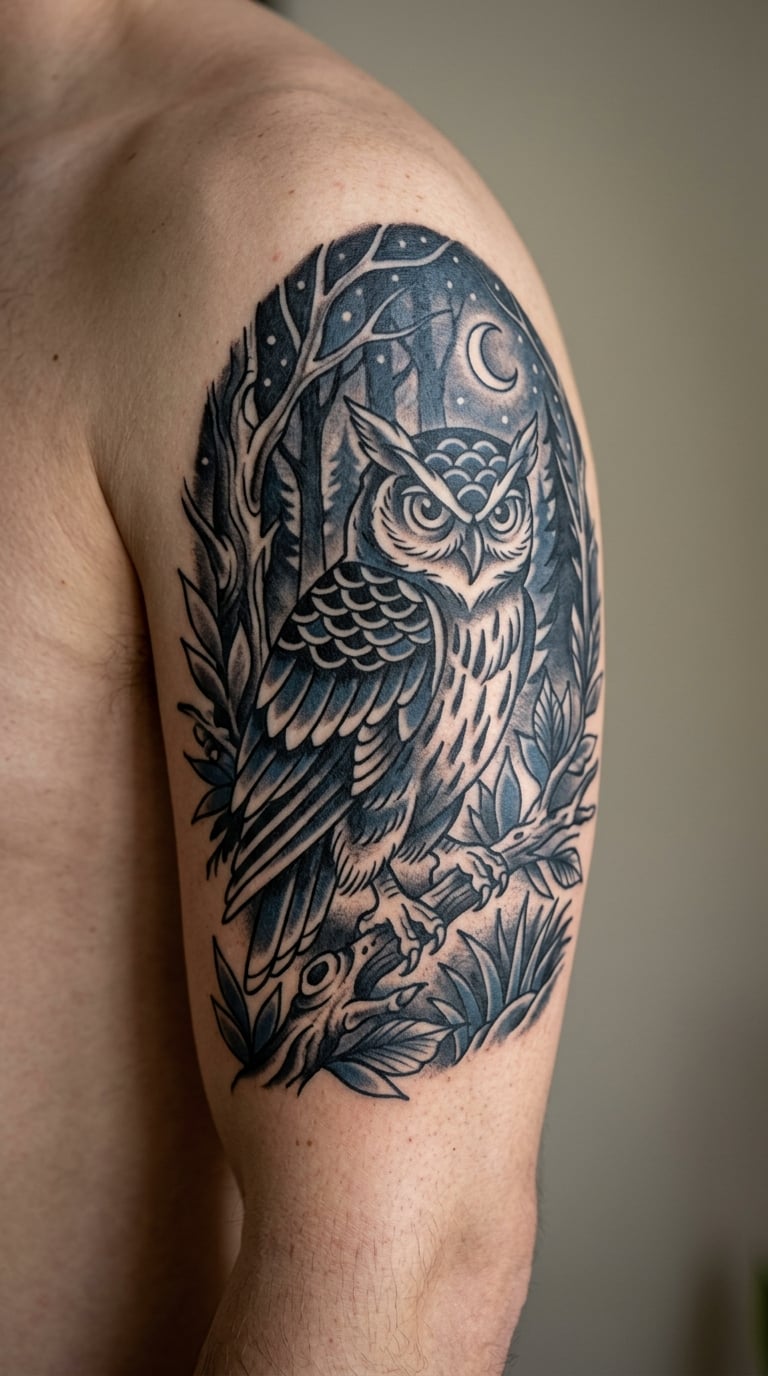 Traditional Owl in a Moonlit Forest