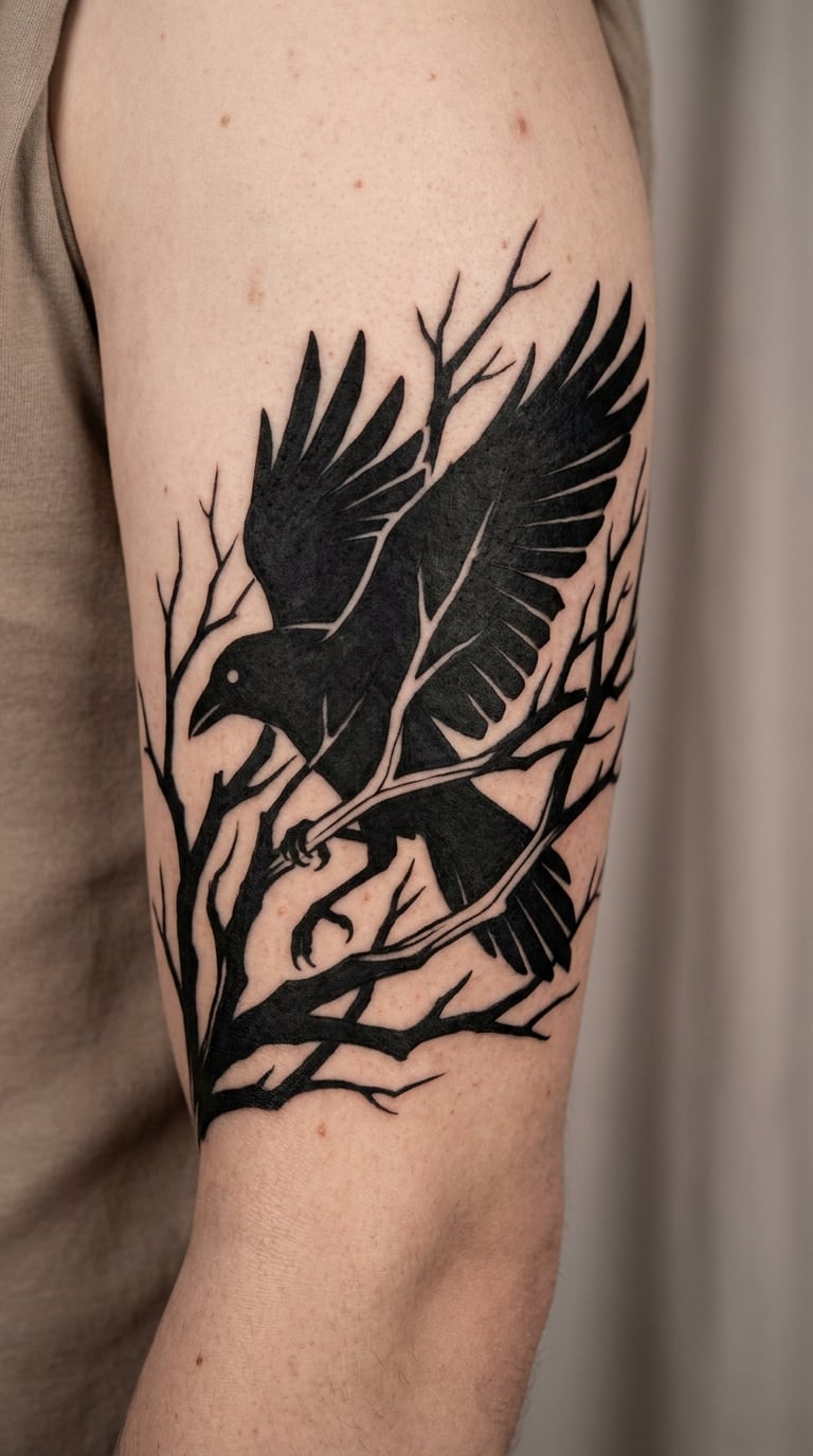 Blackwork Raven and Bare Branches