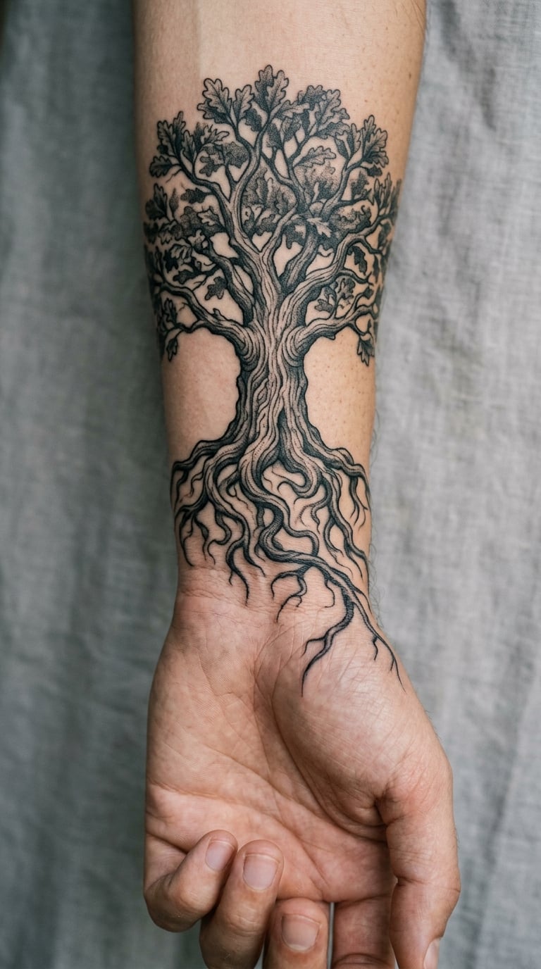 Realistic Oak Tree and Roots Wrist Design