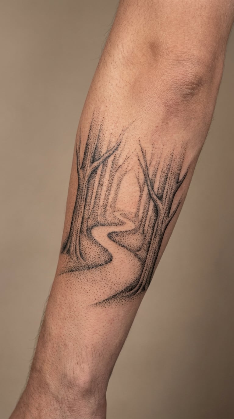 Dotwork Forest Path Disappearing Into Trees