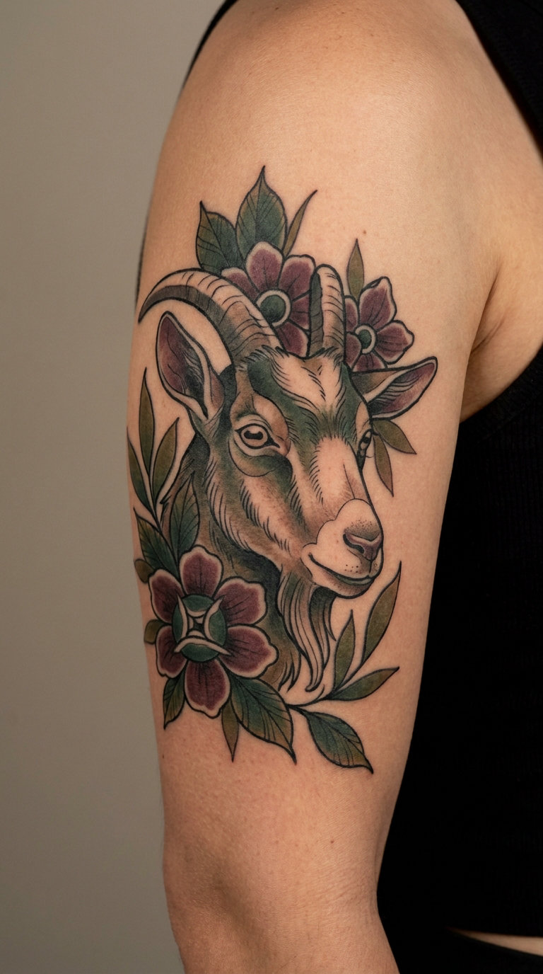 Neo-Traditional Goat with Floral Accents