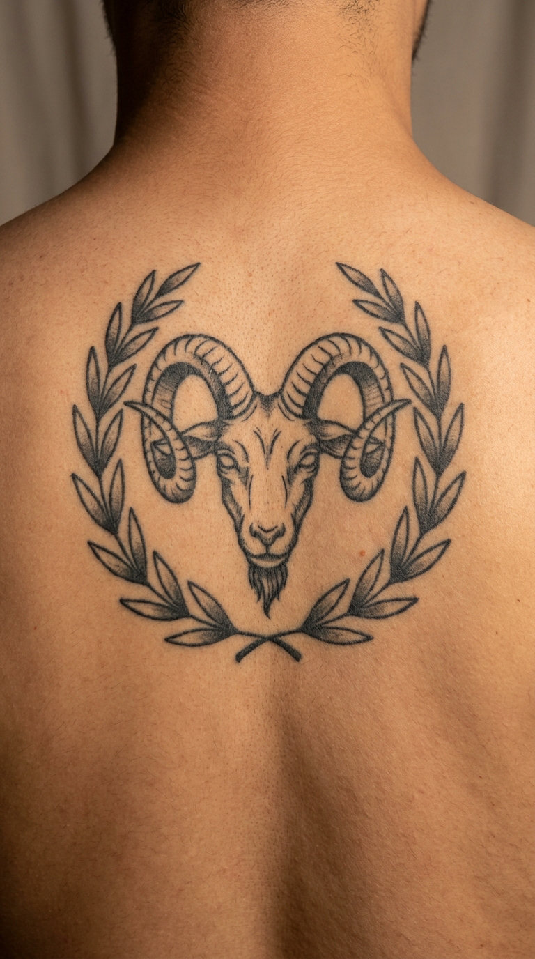 Goat and Laurel Wreath Tattoo