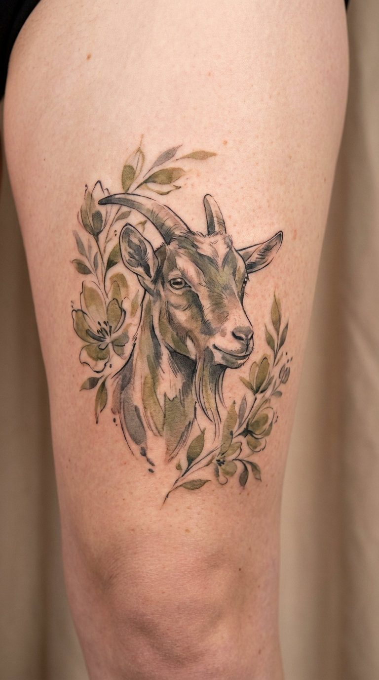 Watercolor Goat in a Small Floral Frame