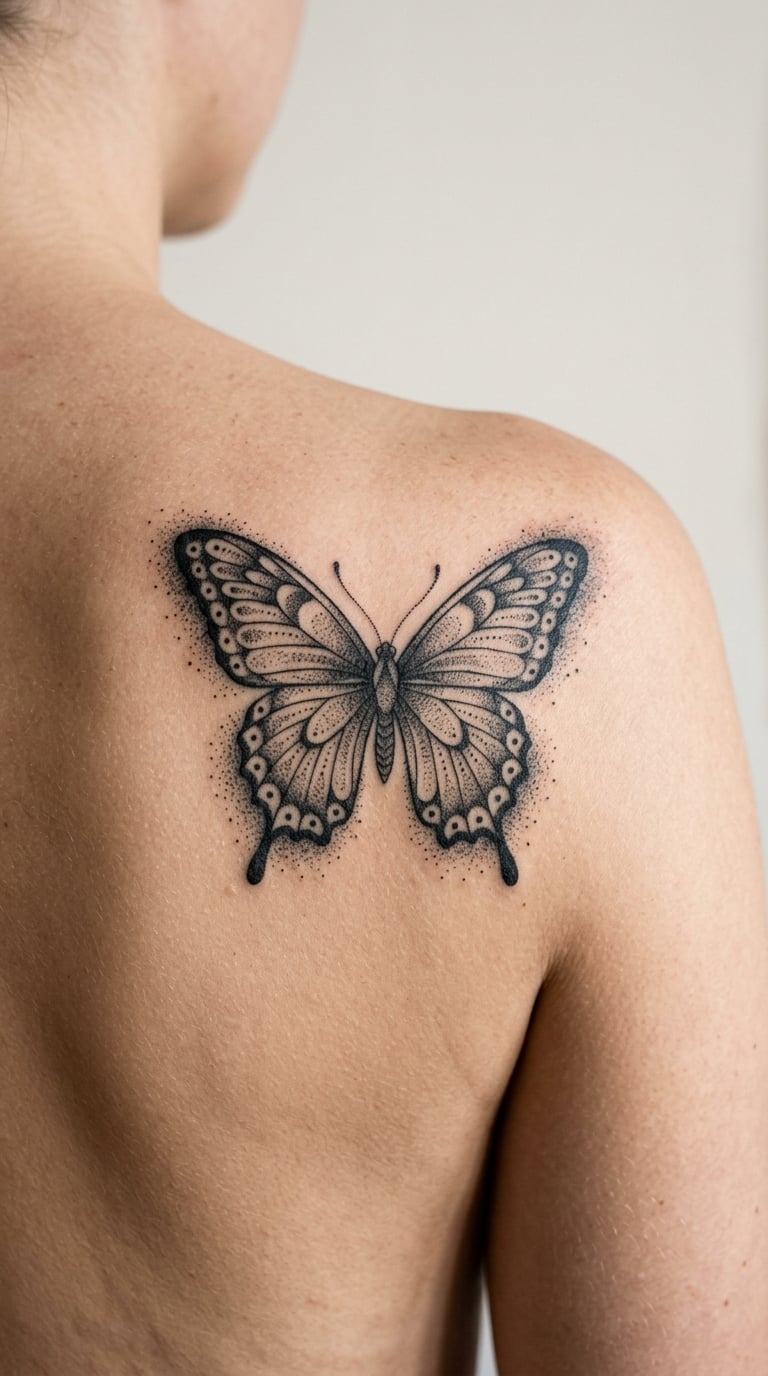 Graffiti Butterfly in Black Dotwork on the Shoulder