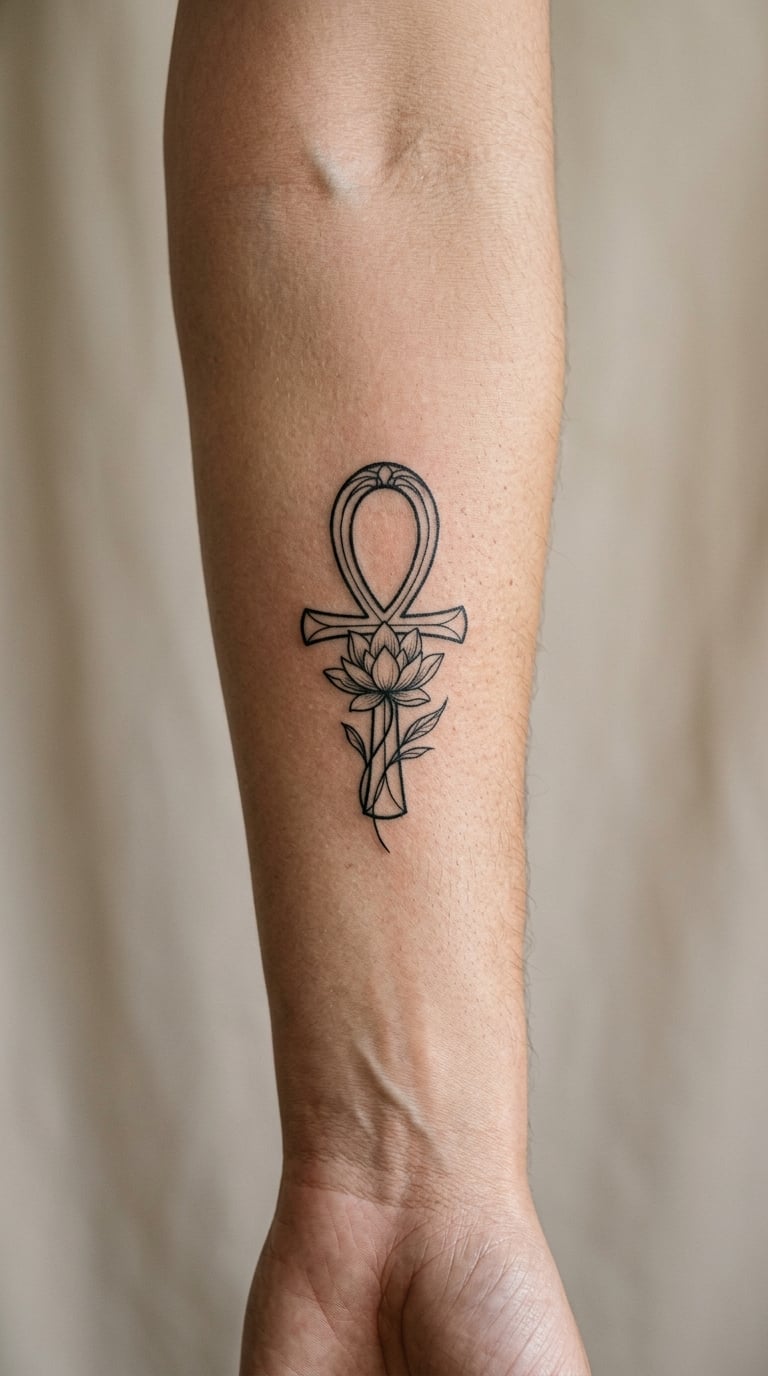 Fine-Line Ankh and Lotus Combination