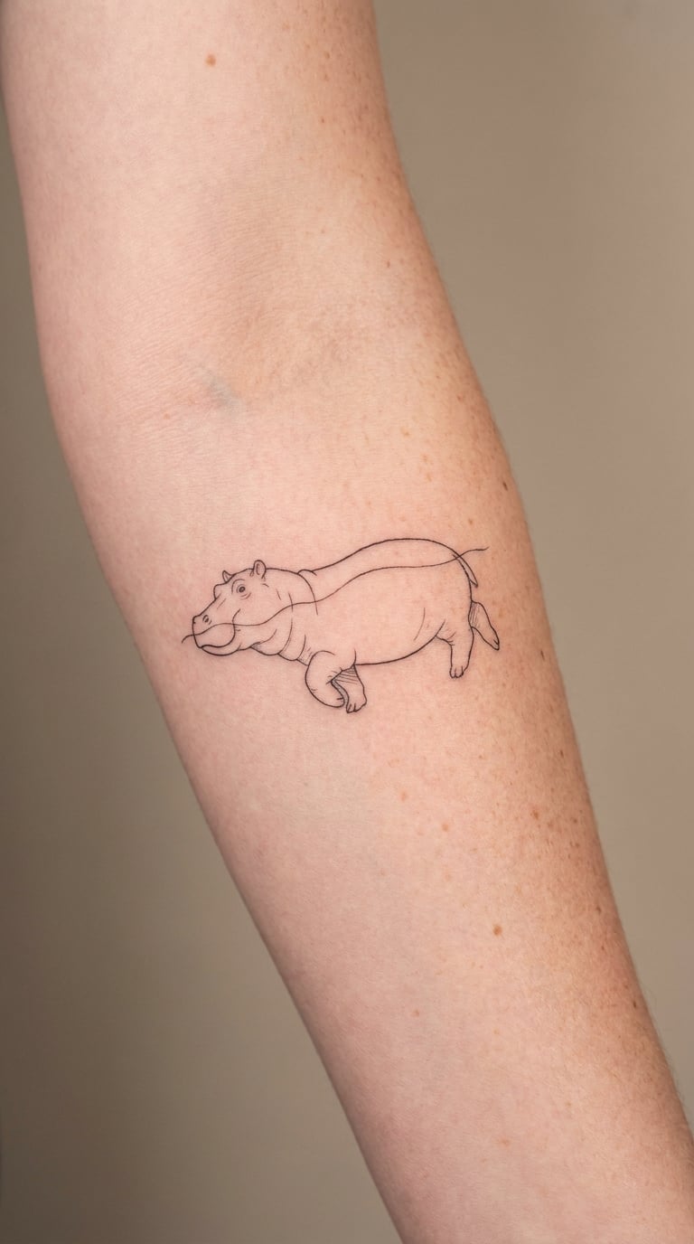 Fine-Line Swimming Hippo on the Forearm