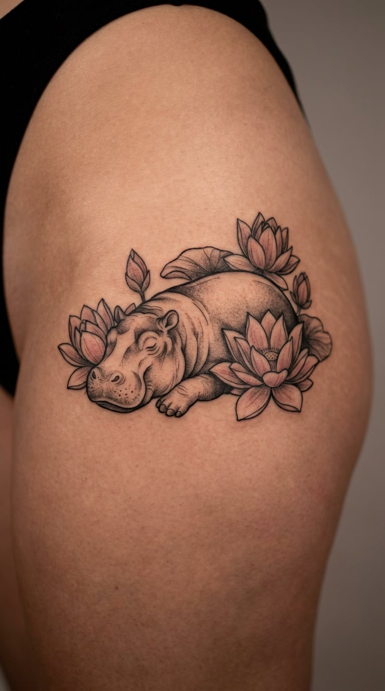 Hippo with Lotus Flowers on the Hip