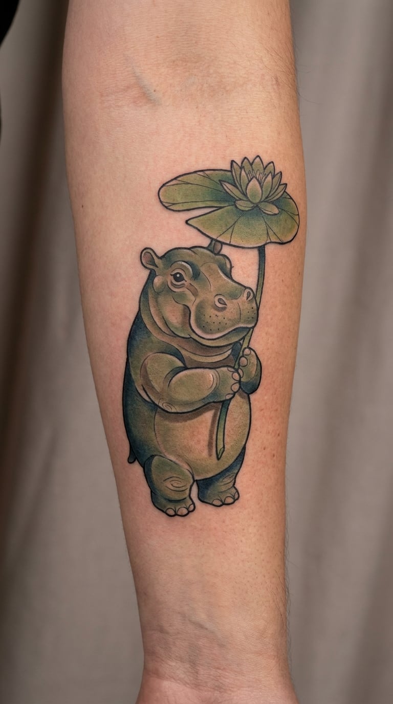Neo-Traditional Hippo Holding a Lily Pad