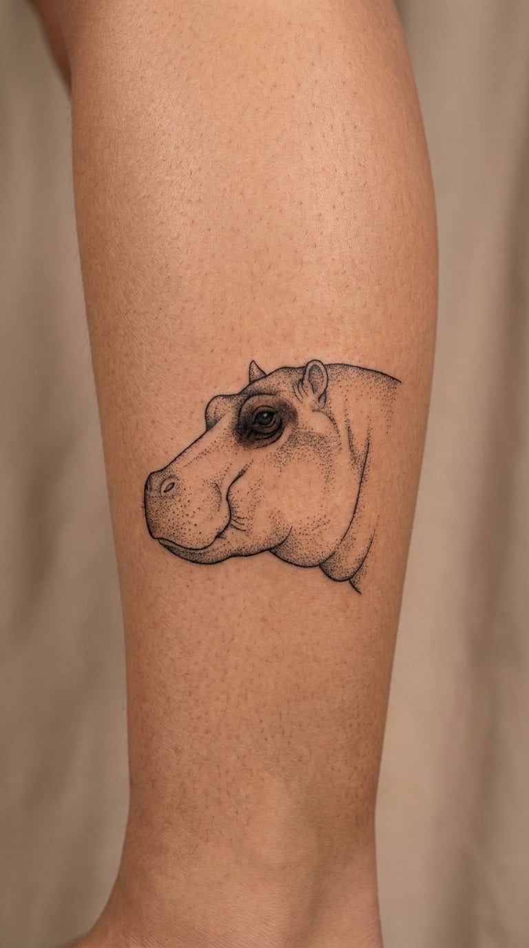 Dotwork Hippo on the Calf