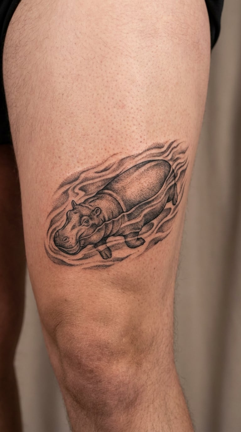 Black-and-Grey Swimming Hippo on the Thigh