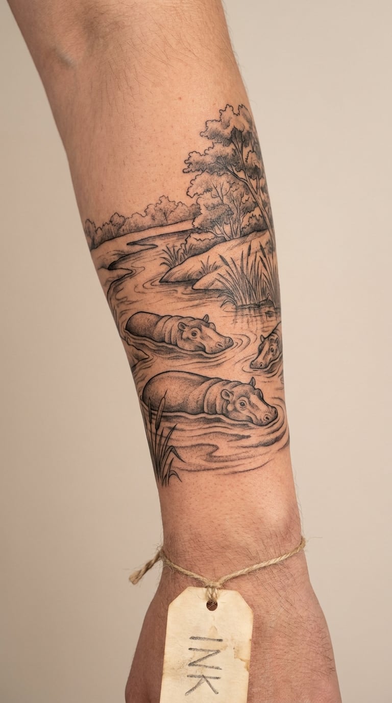 Full-Sleeve Hippopotamus Scene