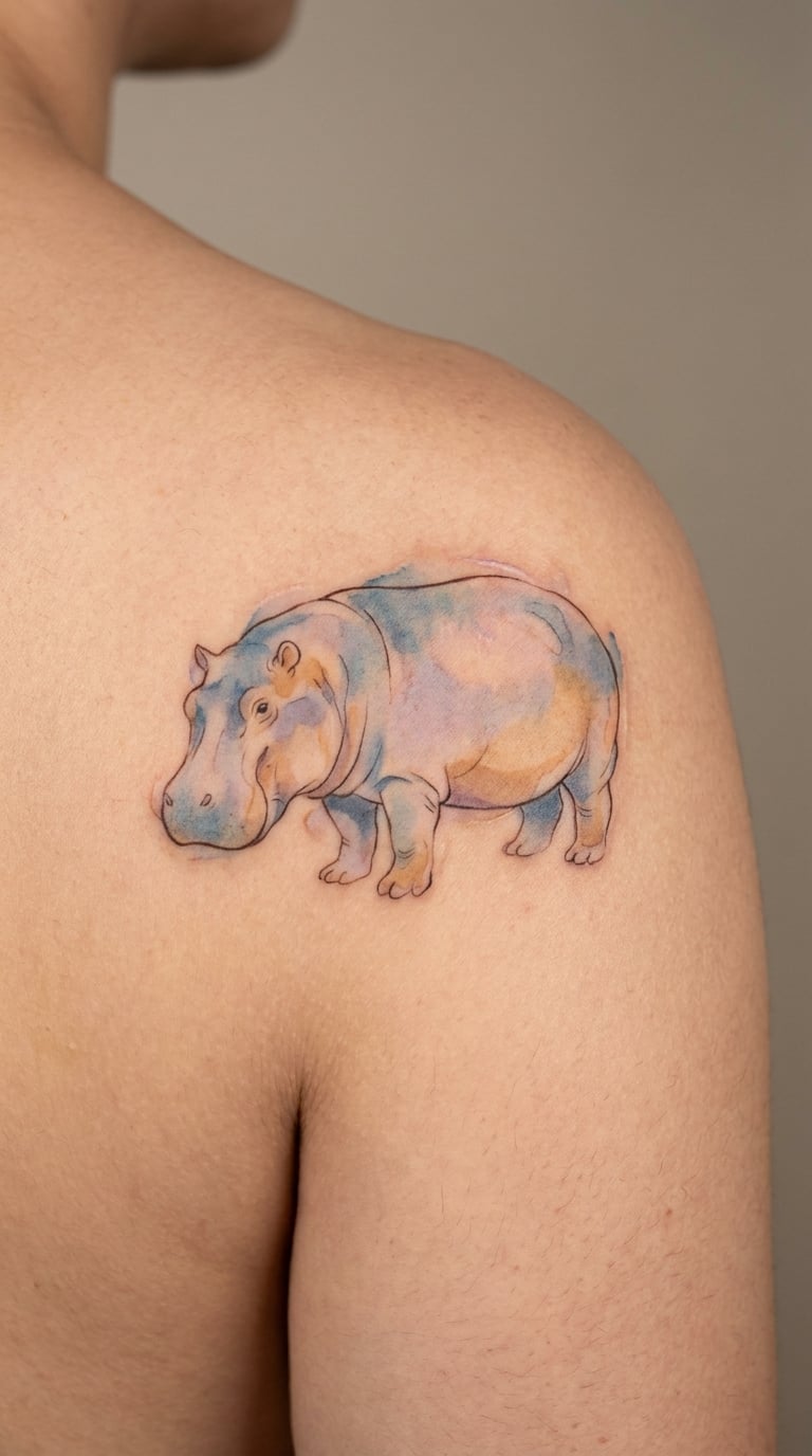 Watercolor Hippo on the Shoulder