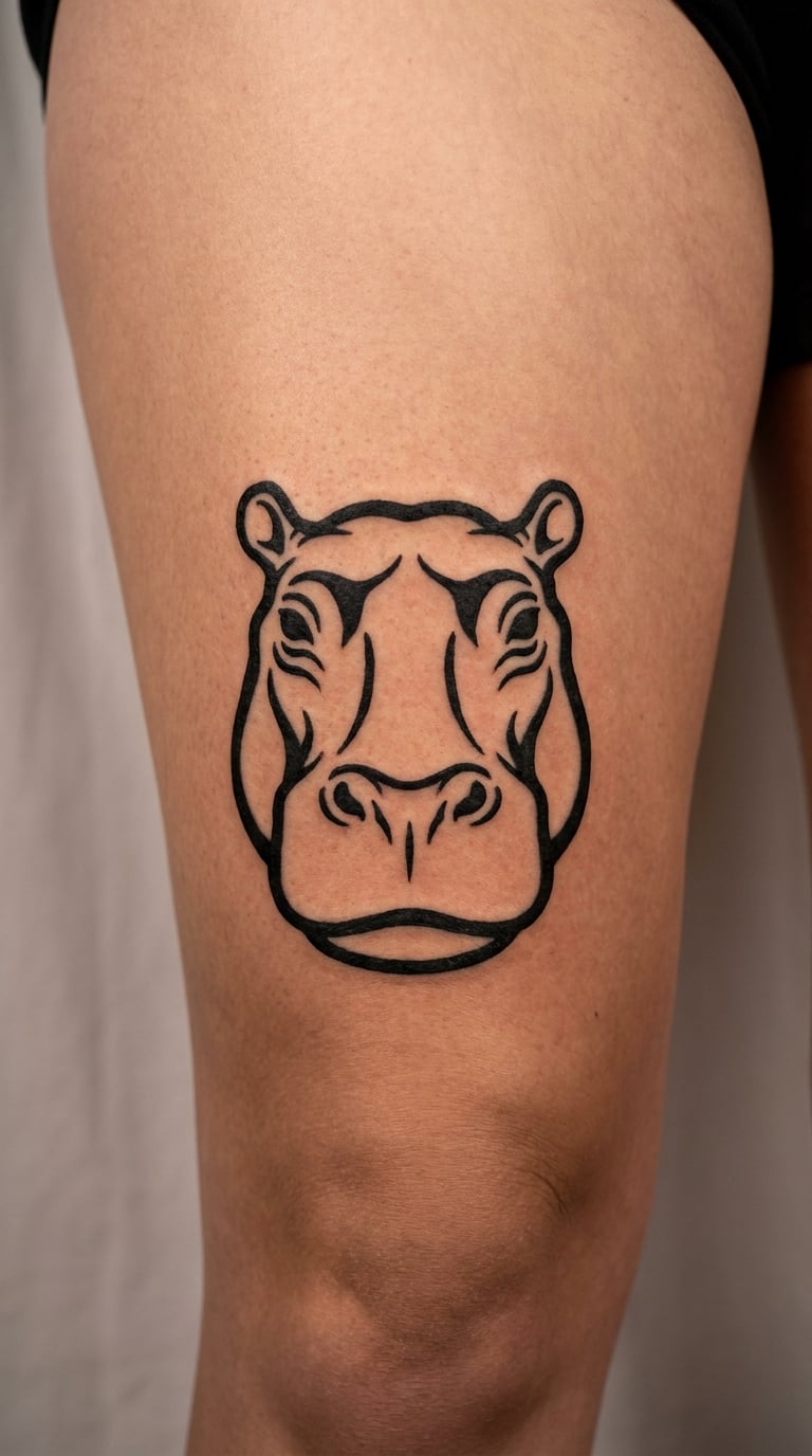 Blackwork Hippo Head on the Thigh