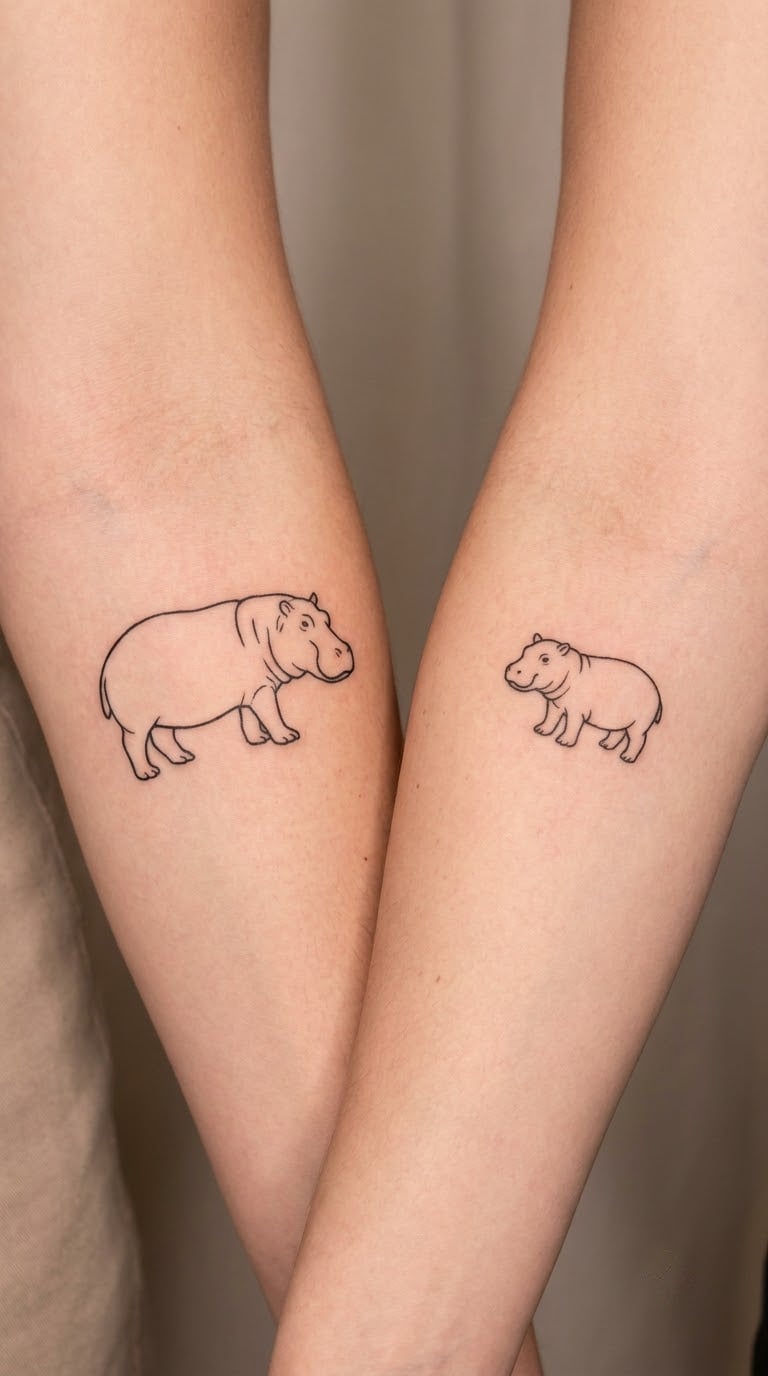 Hippo and Baby Matching Tattoos