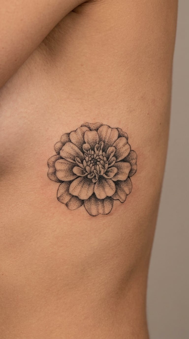 Dotwork Marigold on the Rib