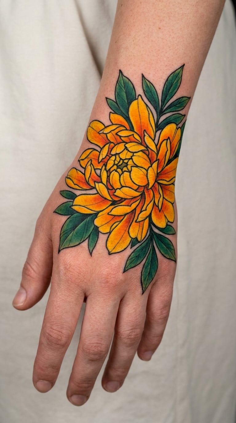 Neon-Color Marigold on the Hand