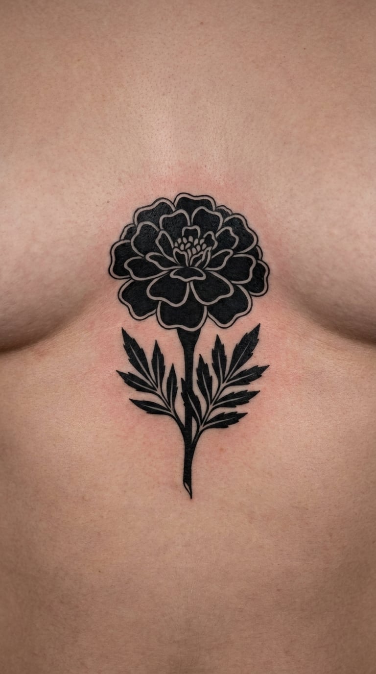 Blackwork Marigold on the Sternum