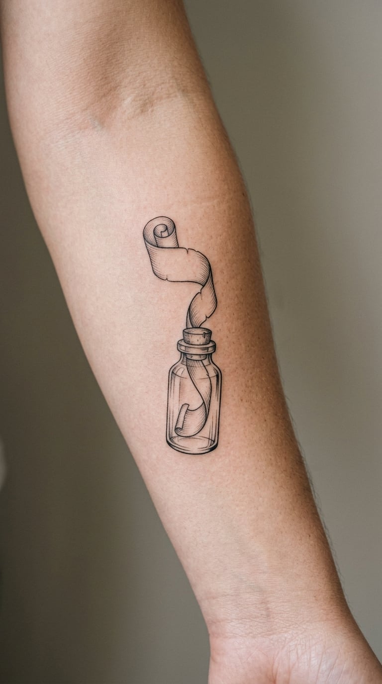 Fine-Line Paper Scroll Emerging From a Bottle