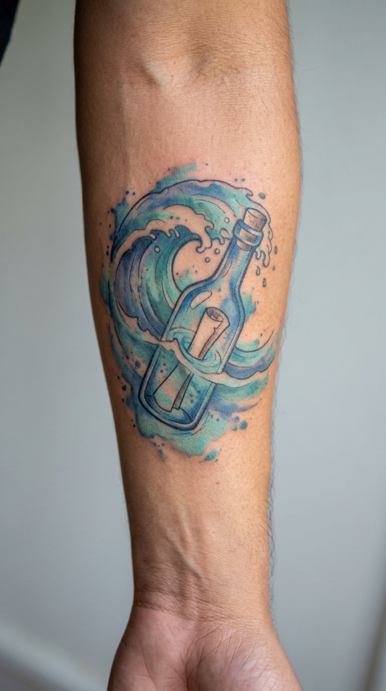 Watercolor Wave Carrying a Message Bottle