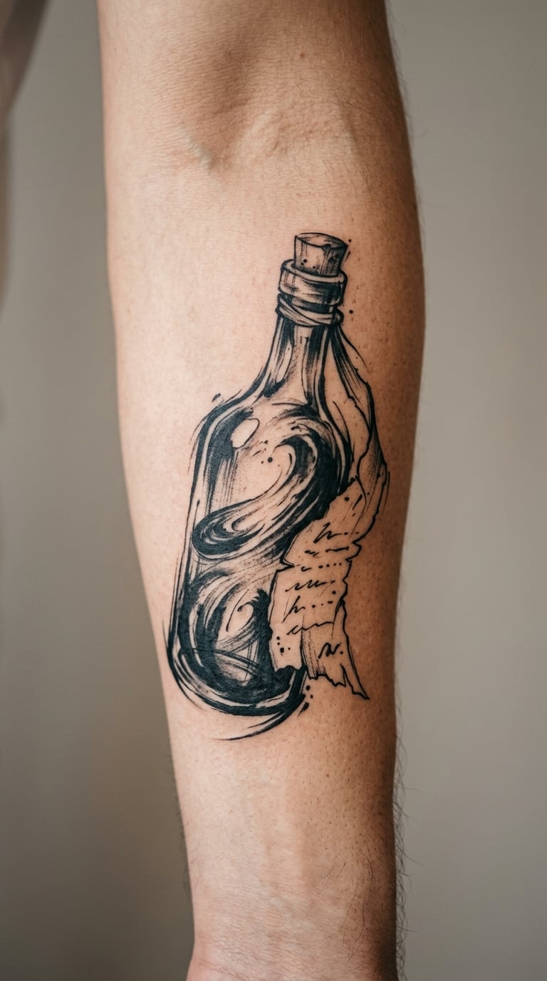 Ink-Brush Bottle With a Torn Message