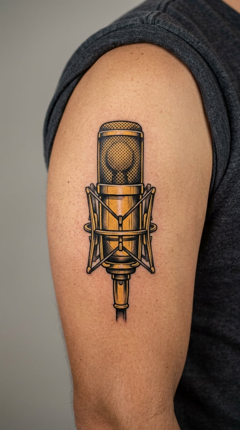 Gold Microphone With Blackwork Shadows