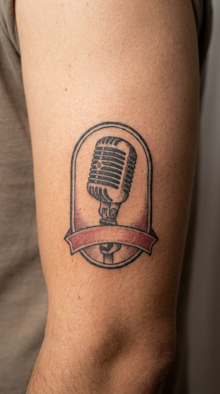 Microphone in a Vintage Broadcast Badge
