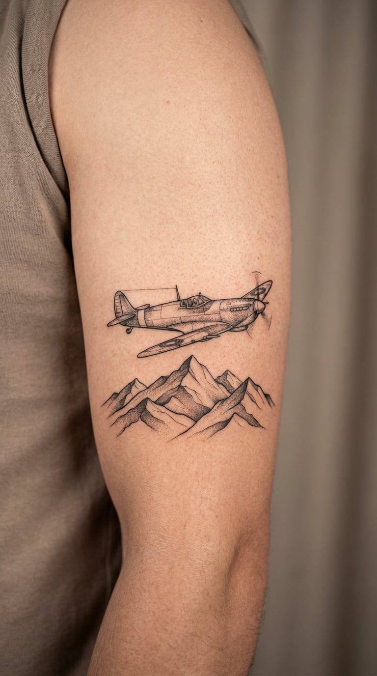 Vintage Aircraft Over Mountain Range