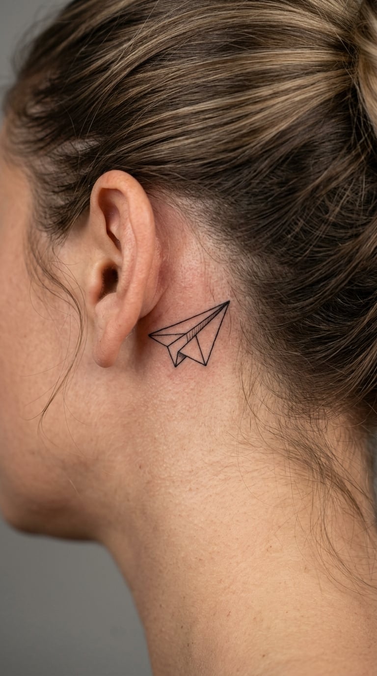 Fine-Line Paper Plane Behind the Ear