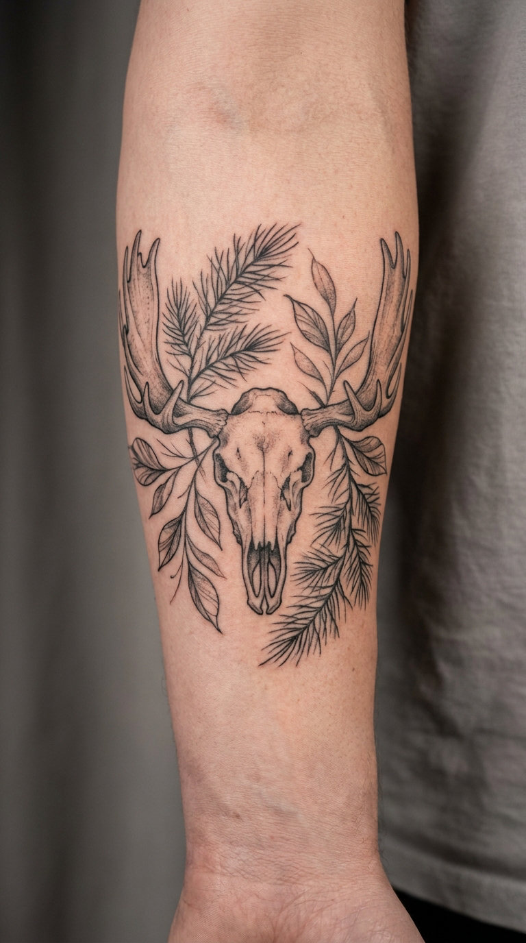 Moose Skull with Botanical Accents