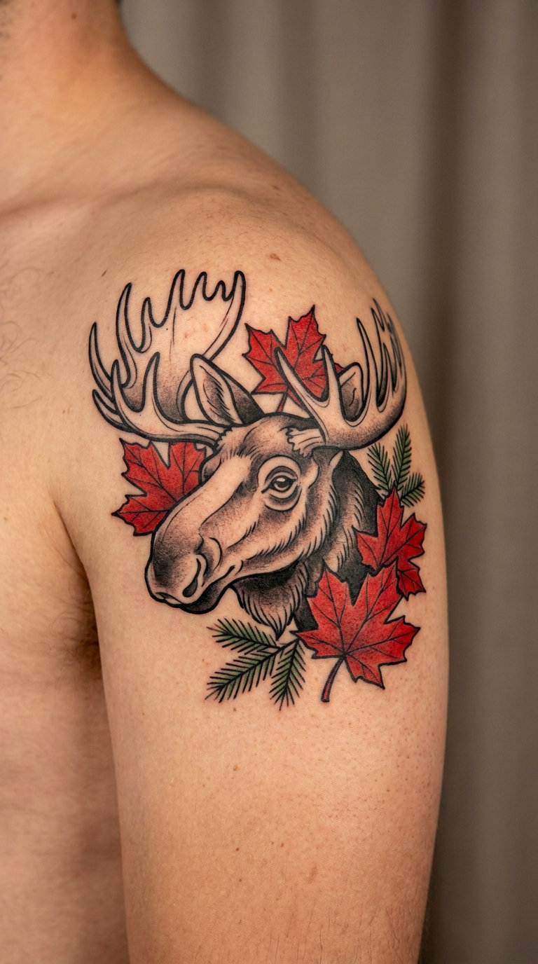Neo-Traditional Moose with Maple Leaves