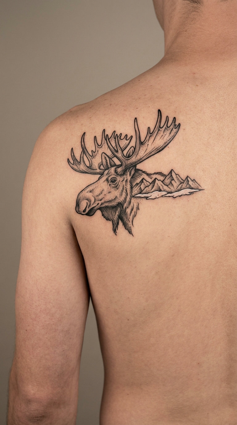 Moose Head with a Mountain Range