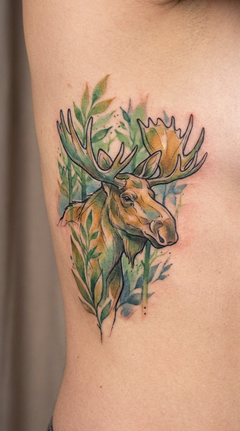 Watercolor Moose in a Forest Glimpse