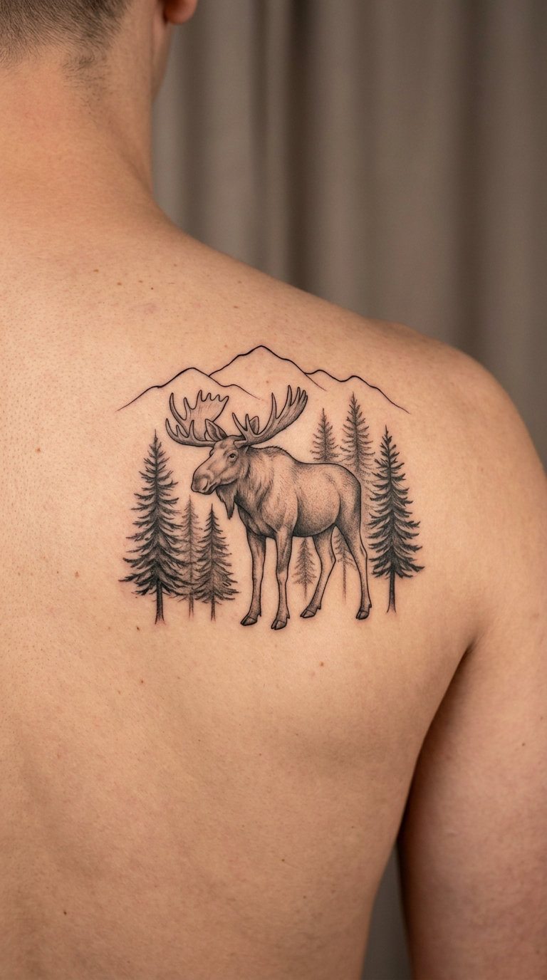 Moose and Pine Trees Composition
