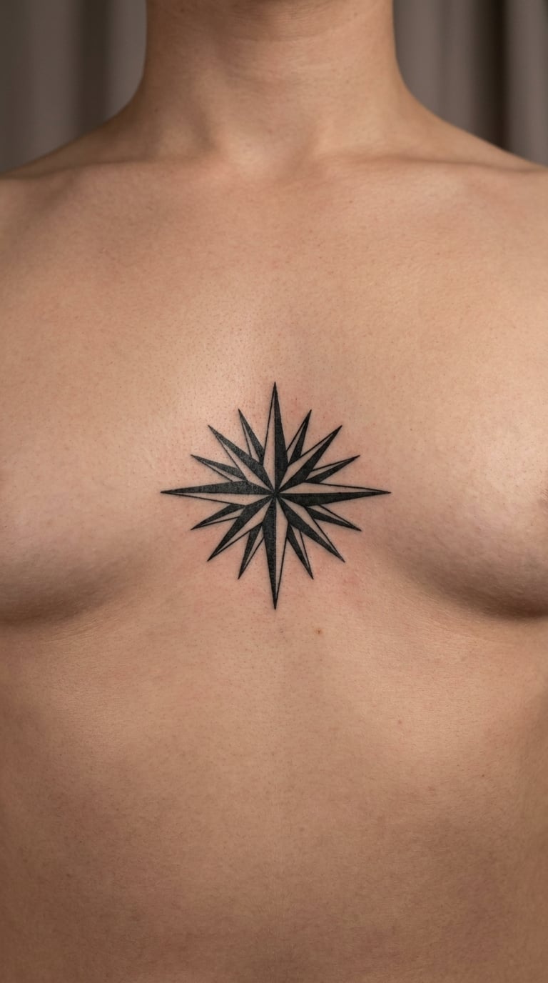 Blackwork North Star on the Sternum
