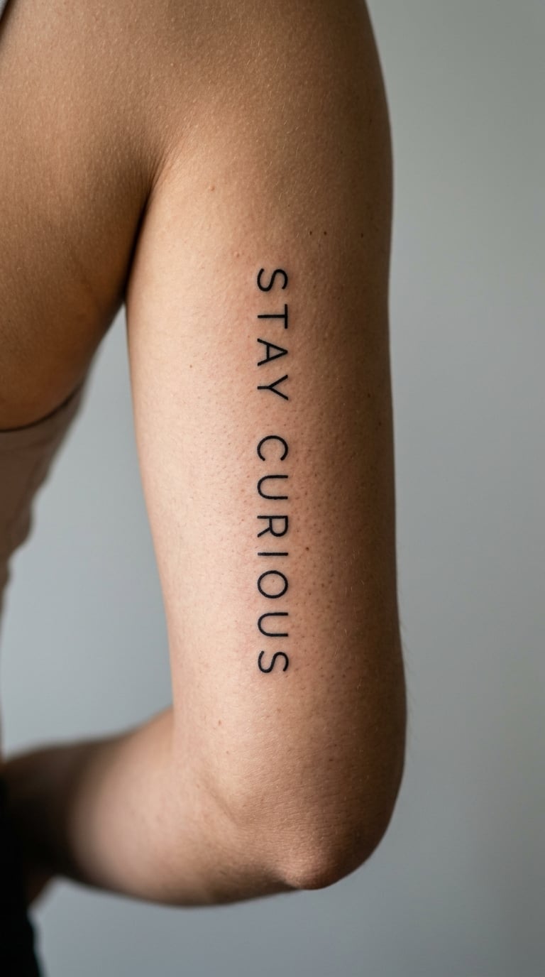Upright "Stay Curious" on the Side of the Arm