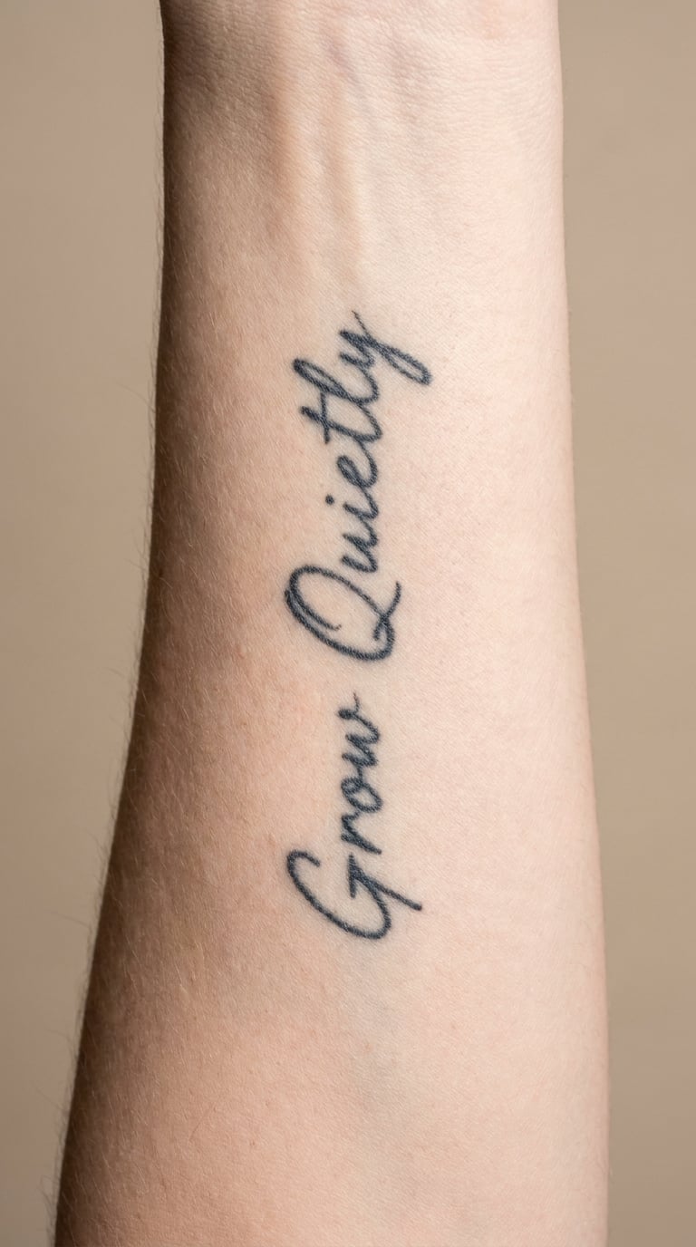 Handwritten "Grow Quietly" on the Forearm