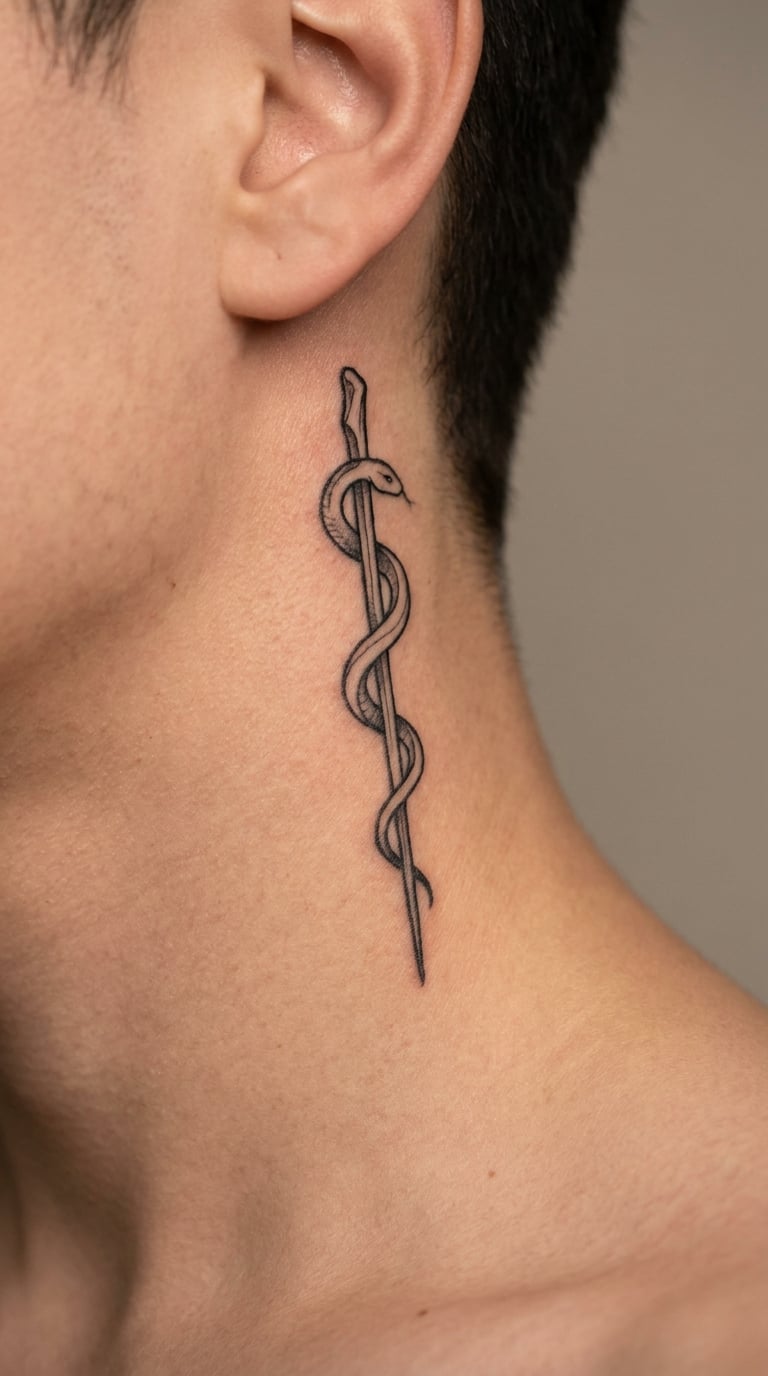 Rod of Asclepius Behind the Ear