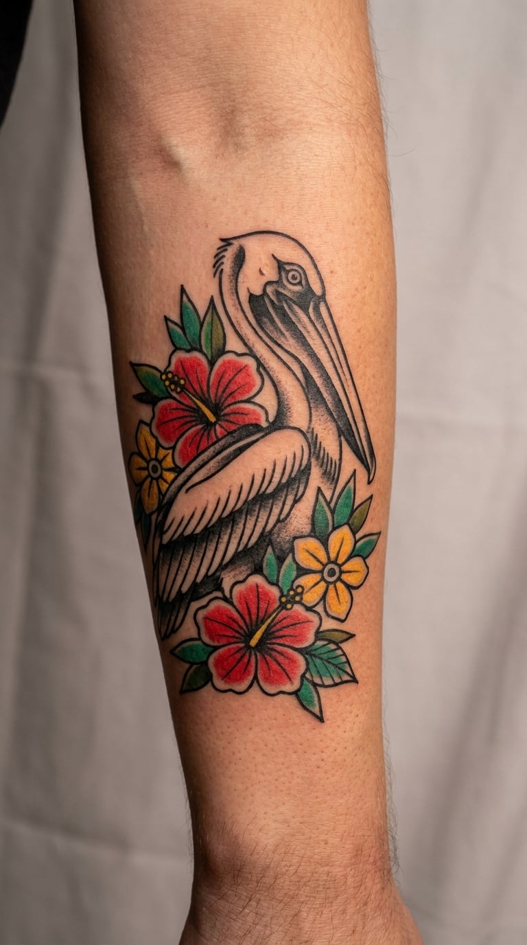 Traditional Pelican with Tropical Flowers