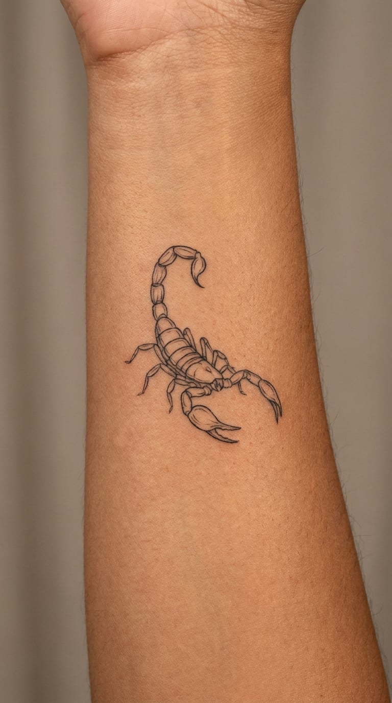 Fine-Line Curved Scorpion on the Inner Forearm