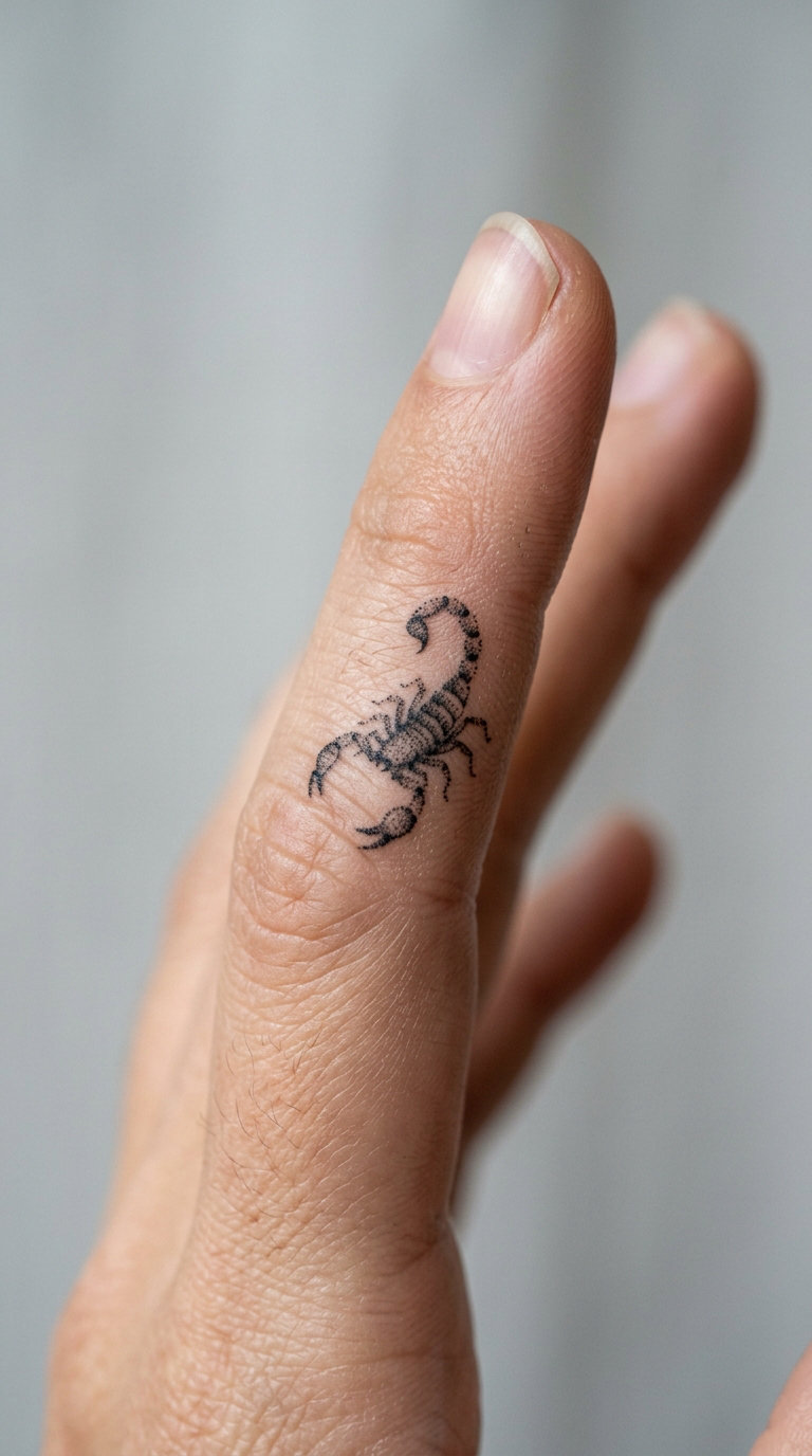 Small Dotwork Scorpion on the Finger