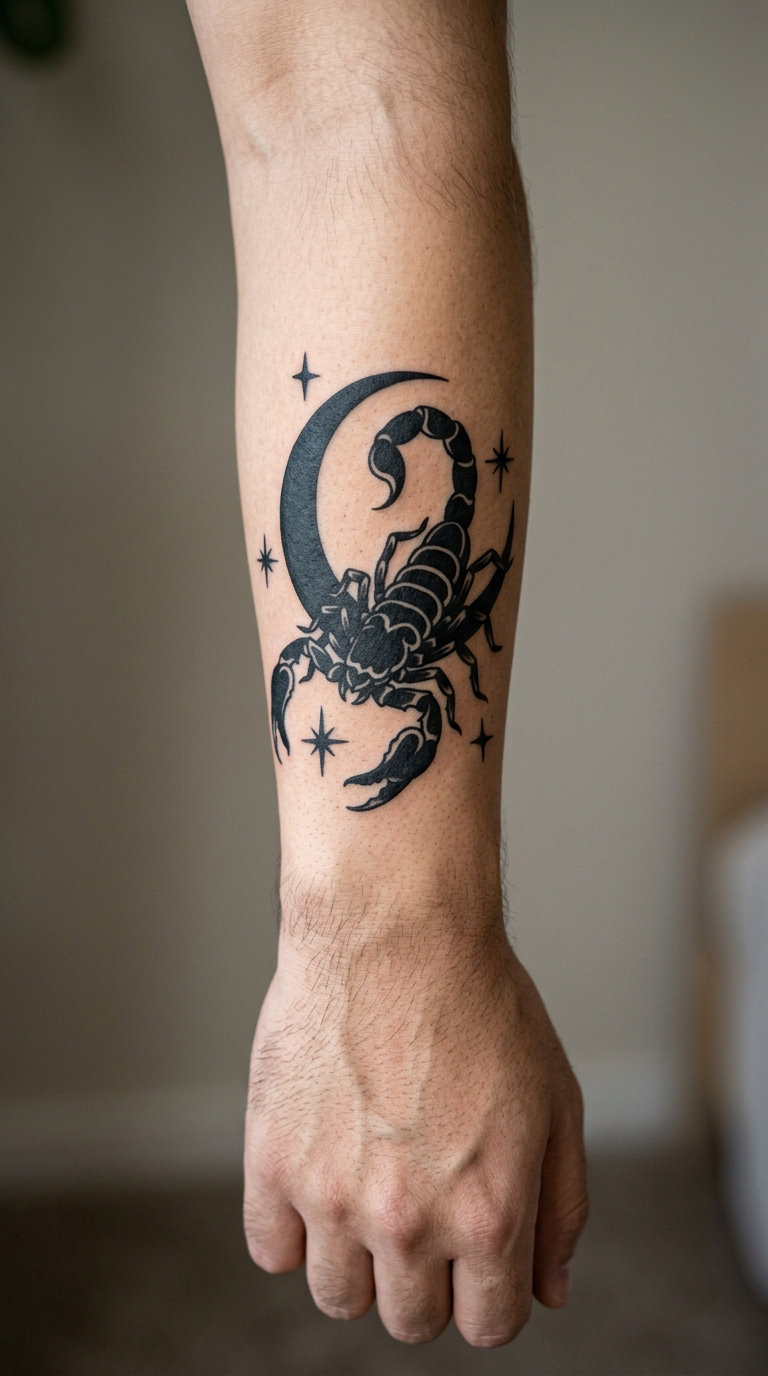 Blackwork Scorpion with a Crescent Moon