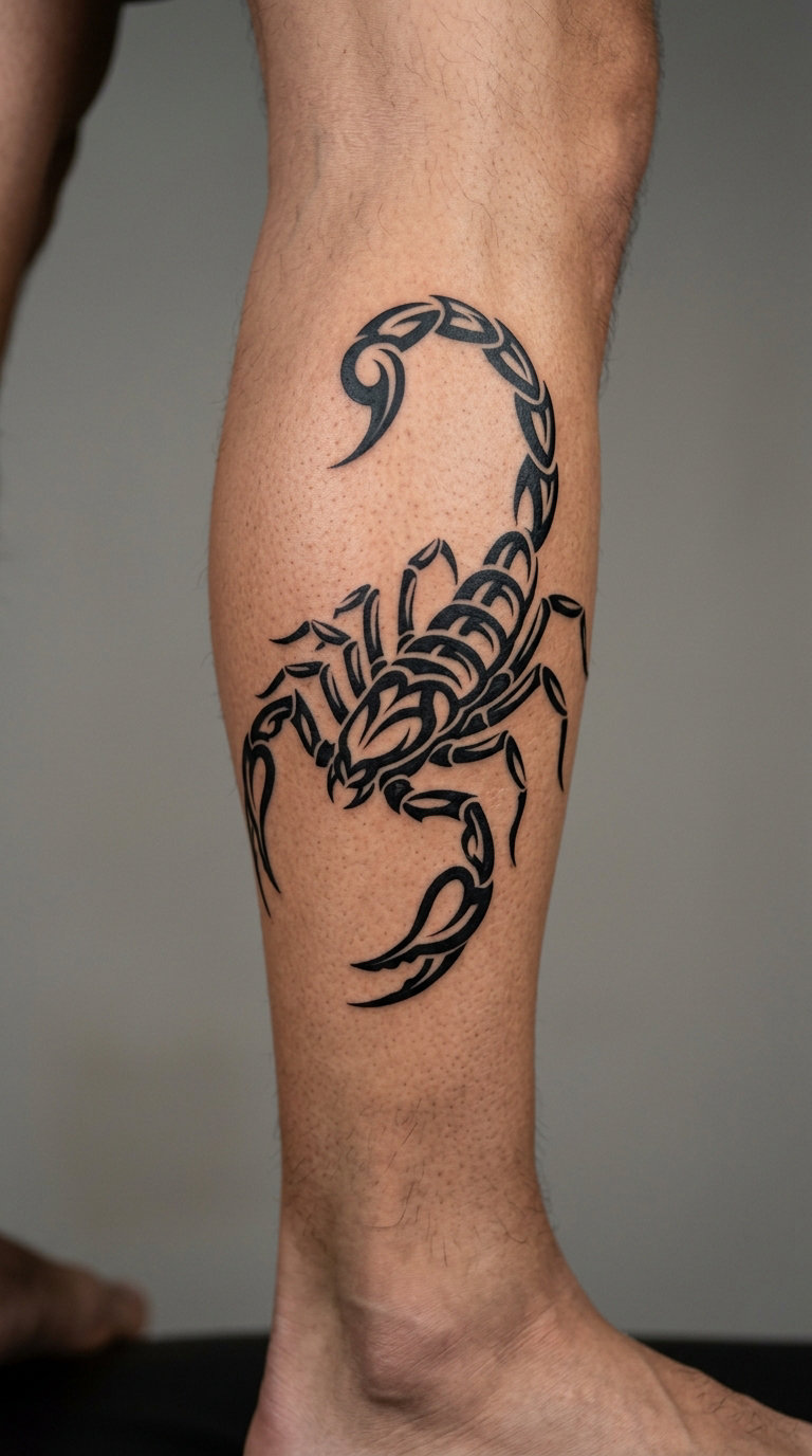Tribal Scorpion Spiraling Around the Calf