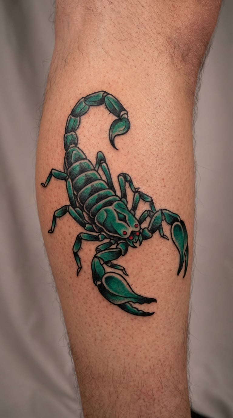Neo-Traditional Emerald Scorpion on the Calf
